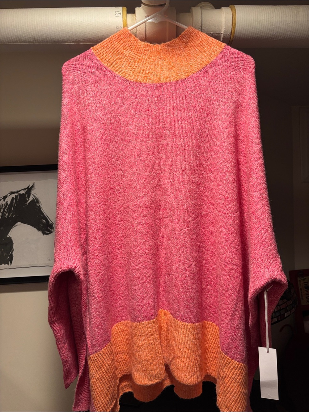 Colorblock Pink and Orange Knit Poncho Sweater